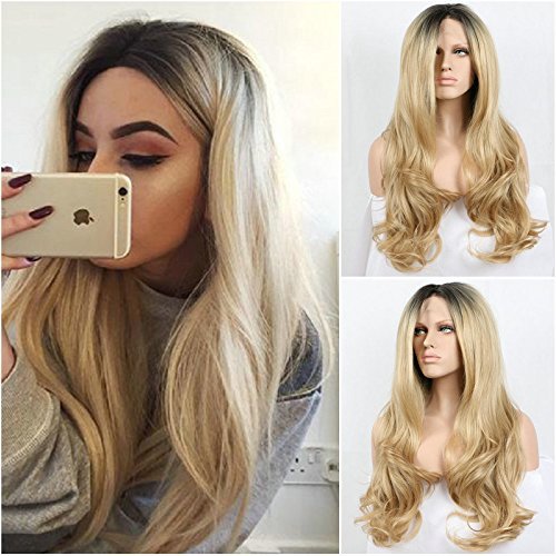 Natürlicher Look, blonder Körper, wellige synthetische Spitzen-Frontperücke mit dunklen Wurzeln, hochwertig, schwarz/blond ombriert, hitzebeständige Haarfaser Cover