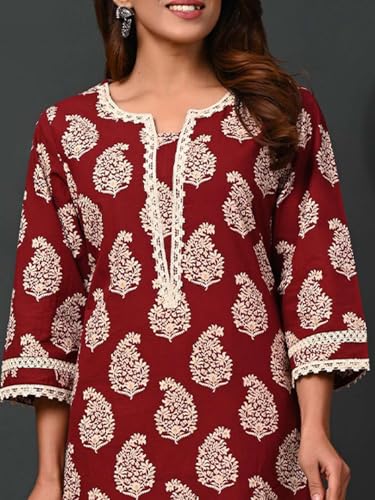 Image of Rimeline Women's Cotton Printed Kurta with Lace Yoke Detail | Elegant Straight Fit Ethnic Wear for Office, Casual & Daily Styling