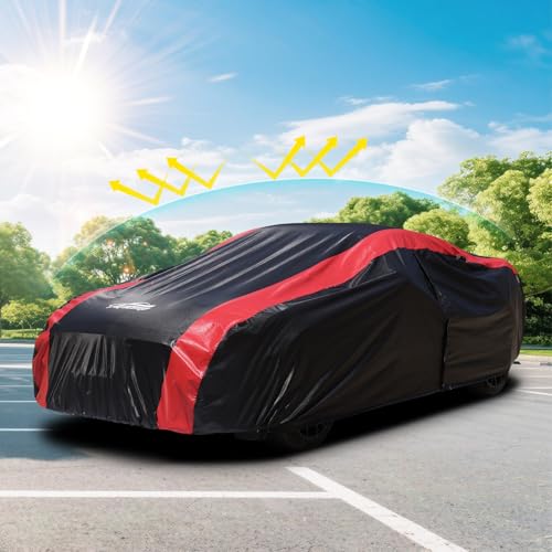 Image of Car Cover Custom Fit for Chevy Camaro 1967-1992 | Red Strip Design, Cotton Liner for Paint Protection, Sun Rain Snow UV Proof, Door Zipper, Windproof Buckle, Storage Bag