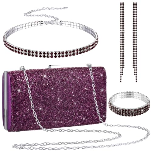 Kigeli 4 Pcs Women Rhinestone Clutch Purse Bling Jewelry Set,Dark Purple
