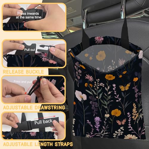 Image of Colorful Meadow Herbs Car Garbage Bag,Flying Butterfly Small Car Trash Bag Hanging,Drawstring Car Garbage Bag with Adjustable Buckle for Car Back Seat,SUVs,Camping,Road Trips