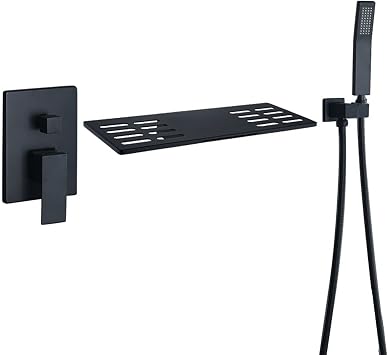 Bathtub Faucet Waterfall Tub Filler Faucet Brass Matte Black Bath Mixer Tap Wall-Mounted Bathtub Tap Single Handle Tub and Shower Faucet with Handheld Shower,