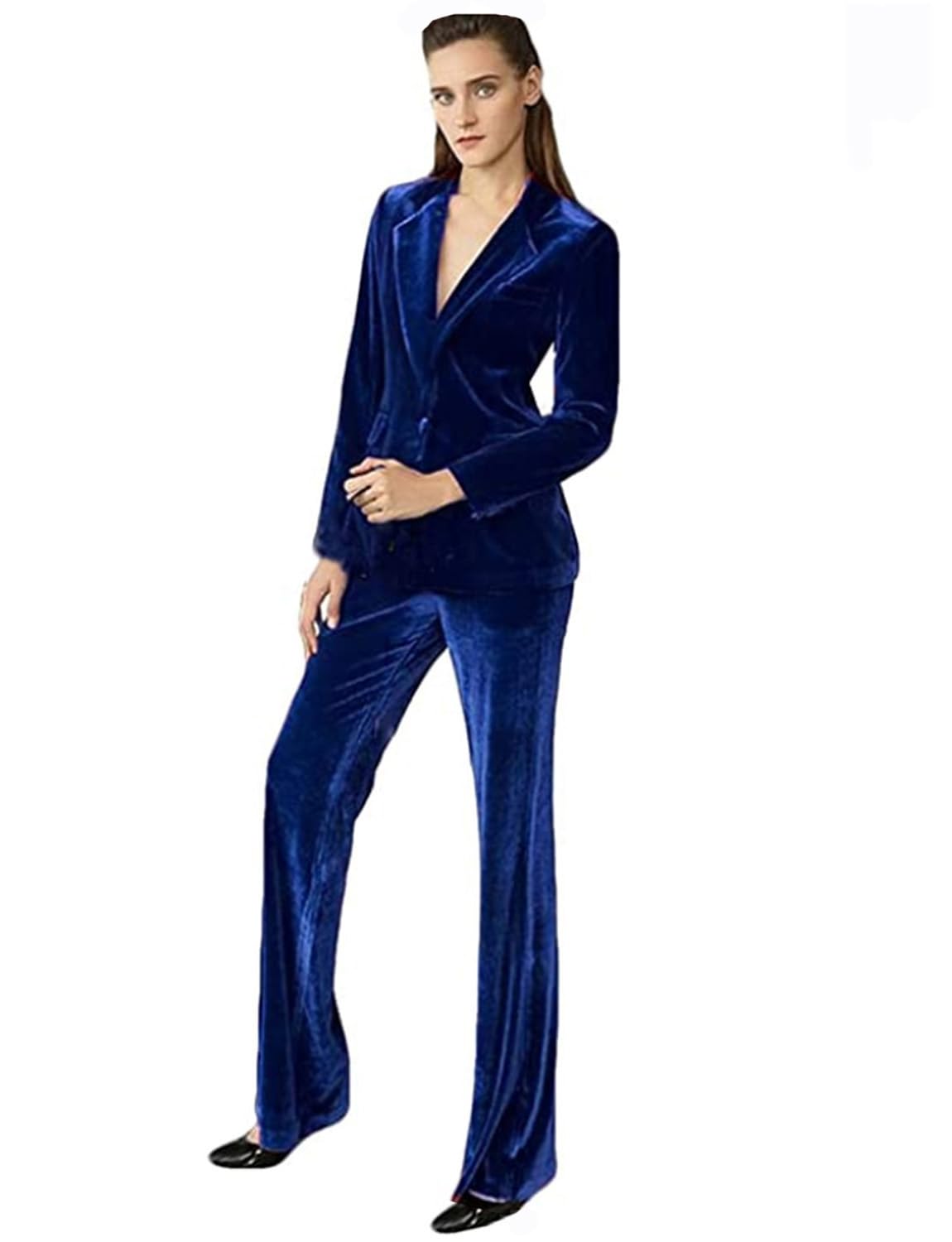 Donna Tuta in Velluto 2 Pezzi con Giacca e Pantaloni con Risvolto a tacca per Feste/Promo/Lavoro/Casual