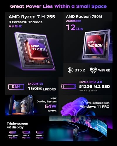 Image of ACEMAGICIAN S3A Mini PC Windows 11 Pro, Ryzen 7 H 255(up to 4.9GHz), 16GB LPDDR5 512GB NVME PCIe4.0 SSD Computer with Radeon 780M Graphics, RGB Lights 3 Modes Small Desktop for Business Home Office