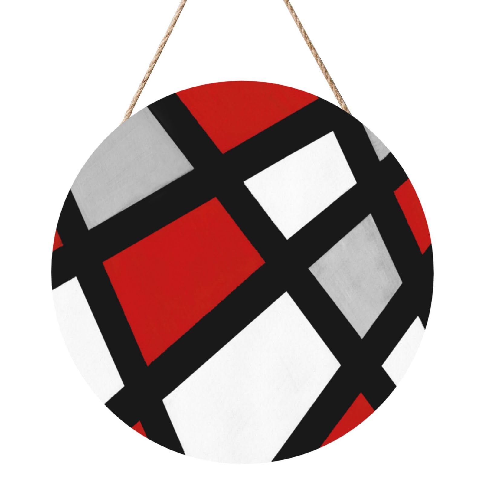 InOmak Geometric Red Gray Black White, Round Wood Panel Painting 12 in, Wall Hanging Painting For Home