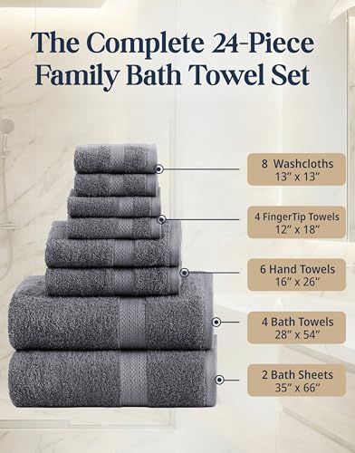 Image of LANE LINEN 24 Piece Bath Towels Set - 100% Cotton Bathroom Towels, Absorbent Towels for Bathroom, 4 Large Bath Towels, 2 Bath Sheets, 6 Hand Towels, 8 Wash Cloths, 4 Fingertip Towels - Cool Grey