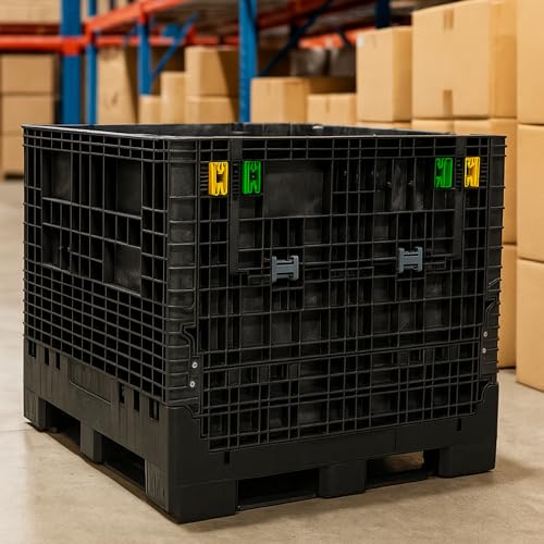 Image of Buckhorn 48 inch x 45 inch x 44 inch Collapsible Bulk Box Container, Extra-Duty Plastic Stacking Gaylord Box with 4-Way Forklift Access and 2 Drop Doors, 1700 lb Capacity Storage Tote, Black (BR48454420)