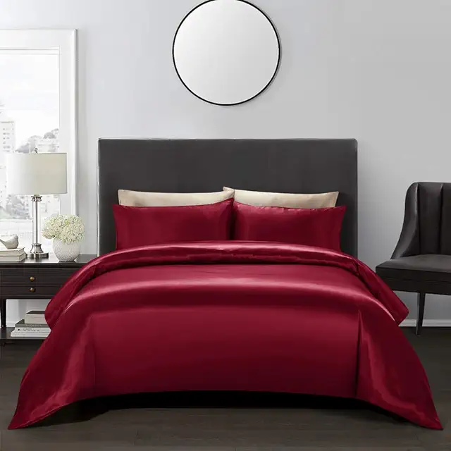 AiMay King Satin Duvet Cover Set - Burgundy, Super Soft & Reversible