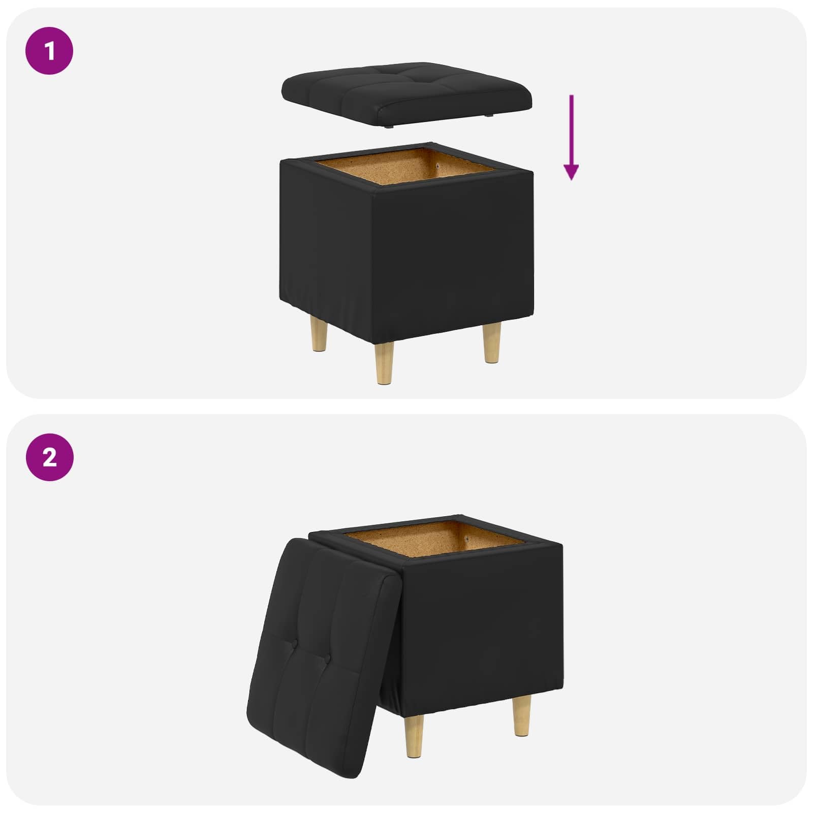 Sottomano nero, 40 x 40 x 45 cm, in ecopelle, con vano portaoggetti, imbottito, gambe stabili, versatile, per soggiorno, cucina, salotto, feste, gastronomia, salvaspazio
