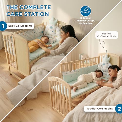 Image of Mee Mee.Dream Grow Baby Cot 15-in-1 Convertible Cradle Cum Cot | Solid New Zealand Pinewood | Bedside Co-Sleeper | 6-Level Height | Rocking Cradle |Toddler Bed |Kids Study Table | BIS & EN Certified