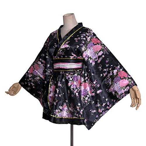 Image of HUAHUA Women's Sexy Short Kimono Dress Floral Print Japanese Traditional Geisha Robe Bathrobe Skirt Belt Outfit
