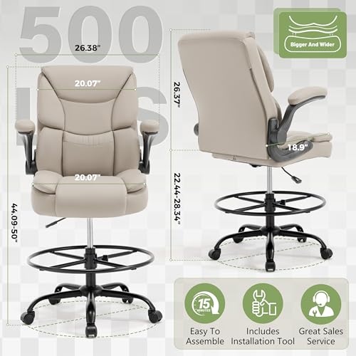 Image of 500LBS Drafting Chair, High Back Safer Standing Desk Chair, Executive Tall Office Chair with Flip-up Armrests, Upholstered PU Leather Task Chair, Ergonomic Seat with Adjustable Height&Foot Ring,Beige