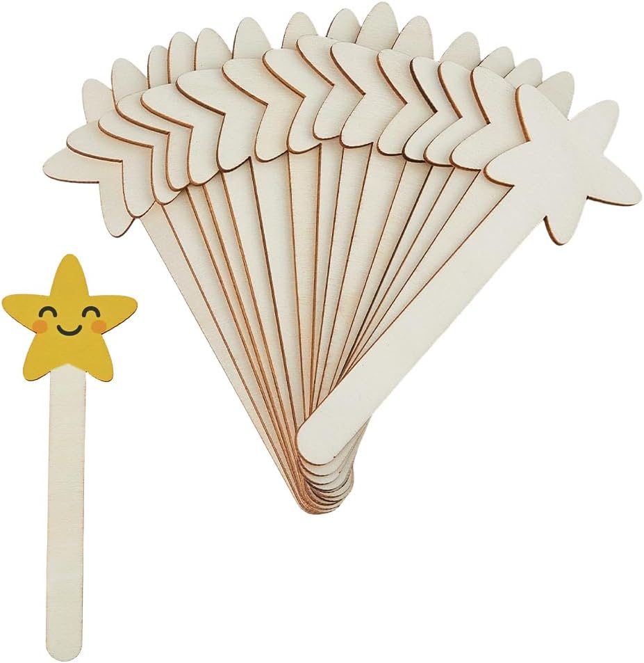 SUPERFINDINGS 60Pcs Wood Star Wand Magical Star Sticks 1.81x5.51Inch/46x140mm DIY Painting Sticks Unfinished Wood Star Stick Make Your Own Princess Fairy Wand for Party Favor Art