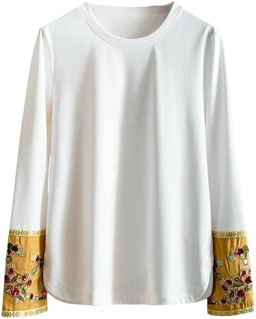 Women's White National Style Embroidered Spring Simple Versatile Patchwork Round Neck Top