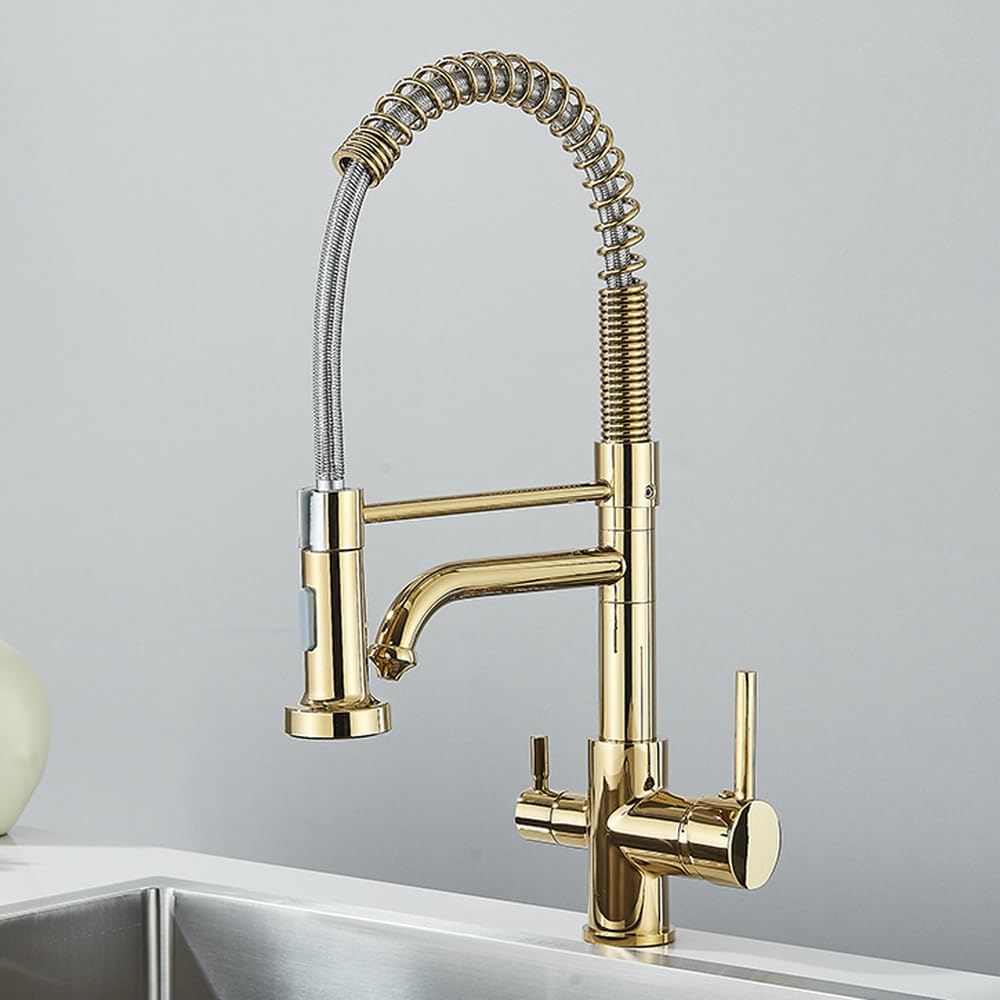FCXWEVR 360° Rotating Brushed Gold Kitchen Faucet with Dual Modes Brass Water Filter Tap for Hot & Cold Purification Mixer Tap Stylish & Functional