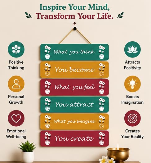 Image of Motivational Quote Wall Hanging for Home Decor | What You Think You Become, What You Feel You Attract, What You Imagine You Create MDF Wooden Wall Art | Office, Living Room & Meditation Decor (WH-48)