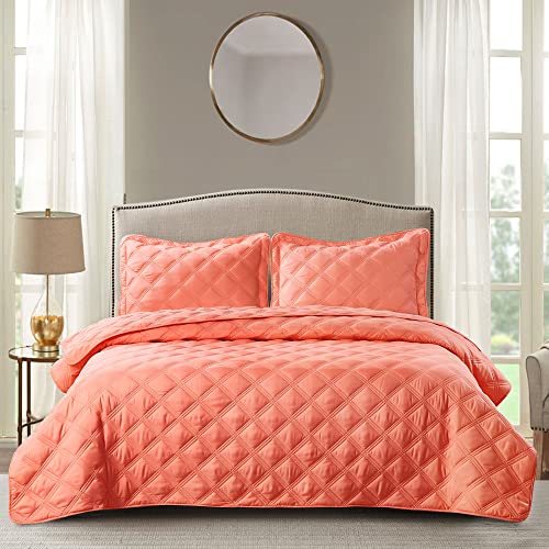 Home Soft Things 3 Piece Charleston Down Alternative Quilted Bed Spread Set, Soft Warm Plaid Diamond Pattern Quilt Coverlet Bedding Cover Set, Coral, King 118" X 106" #TOP27