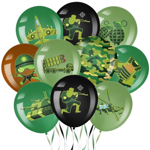 Blosssound 54 Pcs Army Birthday Party Balloons Green Camo Party Decorations Military Themed Party Balloons Army Camouflage Latex Balloons for Adults Veteran Soldier Army Birthday Theme Party Decor
