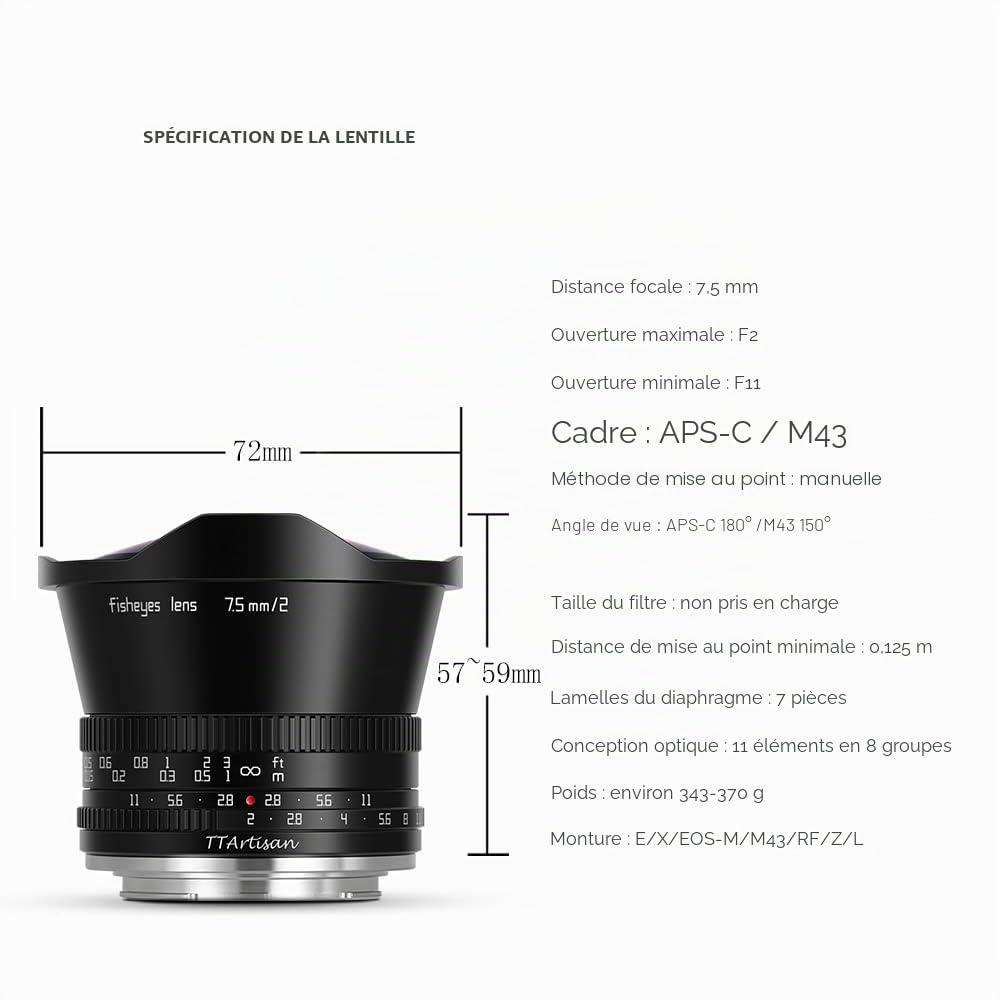 TT Artisan Objectif Fisheye 7,5 mm F2.0 APS-C Panasonic Leica L Sigma Mount Black Ultra Grand Angle avec Angle de Vue de 180 degrés.