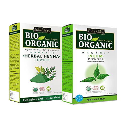 INDUS VALLEY Neem Leaf Powder | Organic Azadirachta indica With Herbal Henna Powder - 100% Organic, Natural and Pure For Hair and Skin Care (100g + 100g=200g)