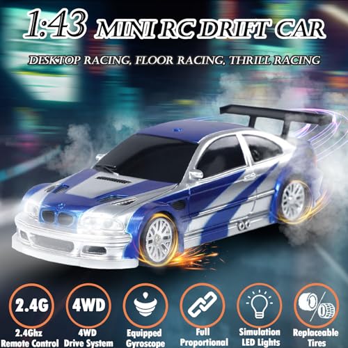Image of 1 /43 Mini RC Drift Car with Gyroscope, 2.4GHz 4WD Full Proportional High Speed Micro Hobby RC Cars with Lights Racing Tires, Fast Small Remote Control Car, Toy Model Gift for Adults Kids Boys Girls