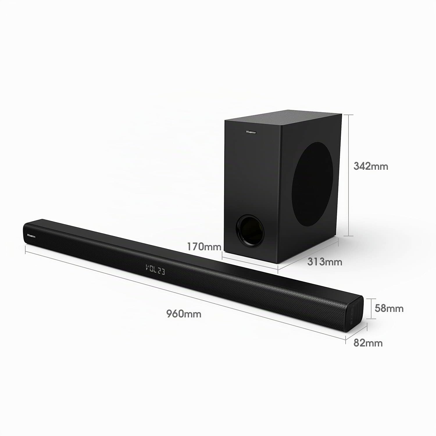 Hisense HS218 - Barra de sonido 2.1 ch, 200W, audio Dolby Digital, Bluetooth, HDMI ARC/Óptico/Aux/USB, 3 modos de sonido