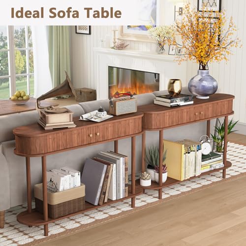 ARTPOWER Modern Entryway Table with Wood Tambour Door, Accent Behind Couch Sofa Console with Storage, Fluted Side Table for Hallway, Living Room, Foyer, Brown - Thumbnail 7