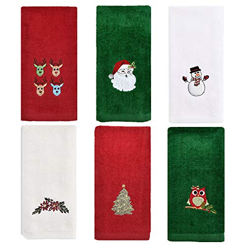 Zieglad Christmas Hand Towel For Bathroom Kitchen, 100% Cotton, Set Of 6, 12X18 Inches, Decorative Dish Towels Set, Embroidered Holiday Design Christmas Towels Gift Set, 3 Color (Red, Green, White) #TOP23