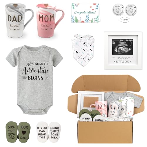 Image of New Parents Gift Set Est 2027 Pregnancy Announcement Gifts for Couples-First Time New Mom Basket for Baby Shower Gender Reveal-Mom & Dad Mugs, Decision Coin, Baby Ultrasound Frame, Onesie, Bib, Socks