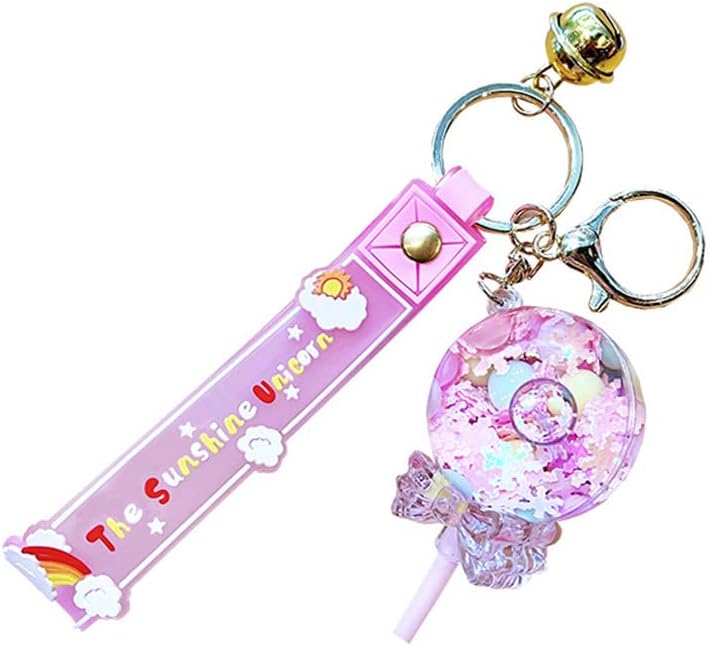 KUPOOLCute Liquid Lollipop Rainbow Bean Quicksand Keychain Cute Cartoon Floating Snowflake Lucky Couple Key Chain Female Bag Pendant, Pink