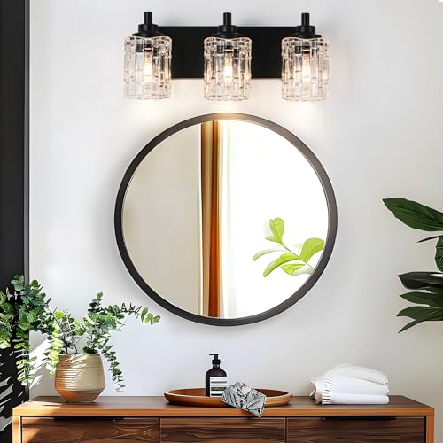 Image of 3-Light Black Bathroom Light Fixtures, Clear Glass Shade | Modern Wall Sconces for Mirror, Vanity Lighting for Bedroom, Hallway, Kitchen, E26 Base Easy Install