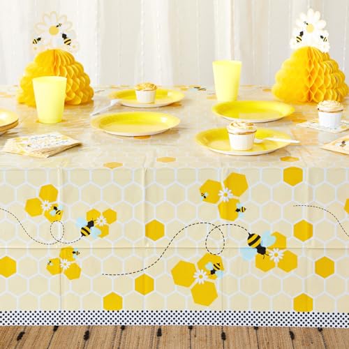 Image of BLUE PANDA Bee Tablecloth Set 3-Pack - 54 x 108 in Multicolor Plastic - Disposable Bee Party Supplies Table Cover for Birthday, Baby Shower & Gender Reveal - Bumblebee Honeycomb Party Decorations