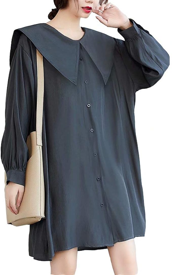 Amazon Co Jp 簡一 ロング シャツワンピース ブラウス レディース シャツワンピース シャツ 膝丈 長袖 海軍風 Free Siz グレー 服 ファッション小物