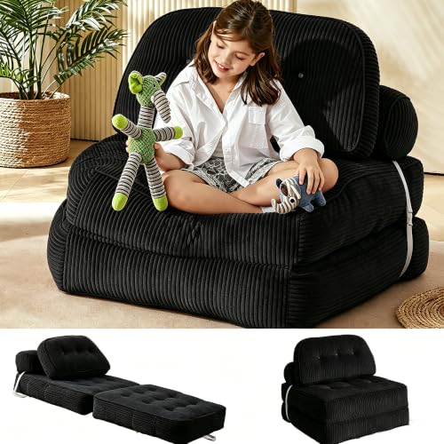 NESLAKO 30" Kids Convertible Futon Sofa Bed, Foldable Sleeper Chair, Odorless & No Assembly,Space-Saving for Children's Room, Black