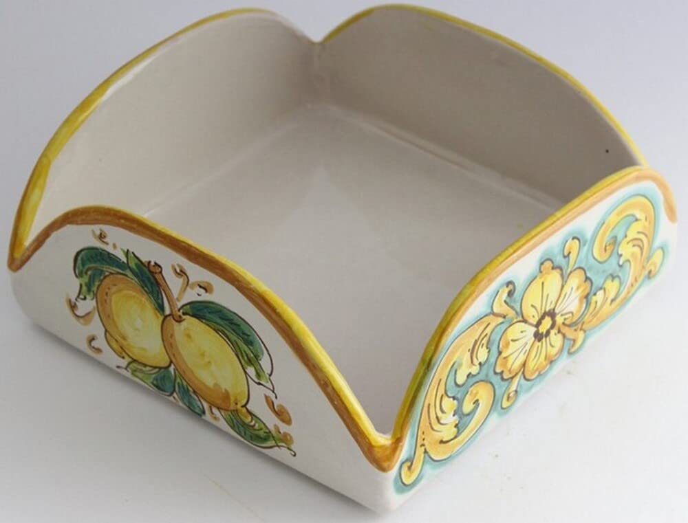 Portatovaglioli quadrato in ceramica siciliana giallo e verde di santo stefano di camastra decorata a mano Limoni Art 9