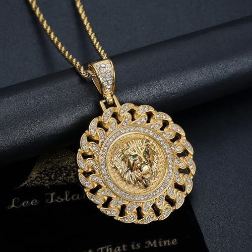 NEGS 18K Gold Plated Roaring Lion Head With Green Red Eyes Pendant Punk Rock Stainless Steel Necklace, 24 Inch Chain For Men Hip Hop Animal Jewelry-I'm the King3