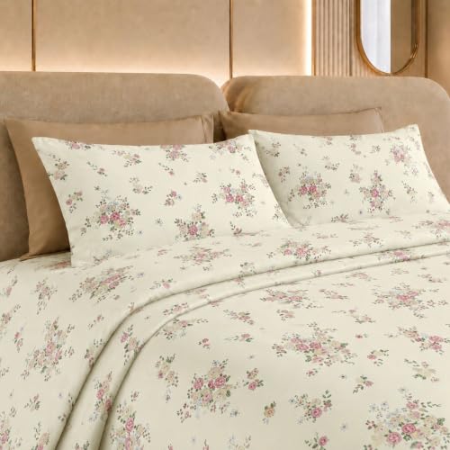 Image of Jaipur Weaves Cotton Percale King Size Bedsheet 108x108 Super King, 100% Pure Cotton Bed Sheet with 2 Pillow Covers, 300 TC Soft Breathable Floral Design Bedding (Floral Pink, Super King)