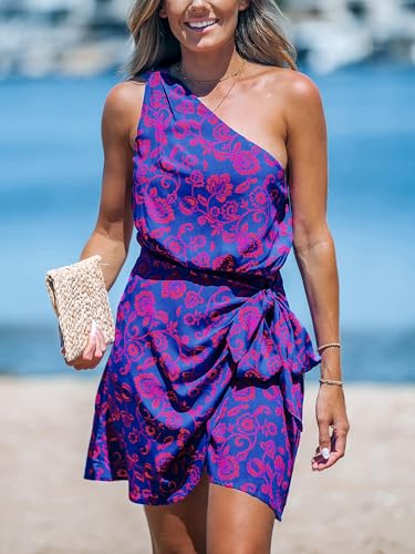 Image of CUPSHE Women's One Shoulder Leaf Print Self-tie Short Dress Sleeveless Tiered Hem Formal Dress Casual Mini Dress