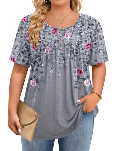 INVOLAND Plus Size Tops for Women Blouses Dressy Casual Crew Neck Short Sleeve Shirts Summer Outfits Trendy Vacation Clothes