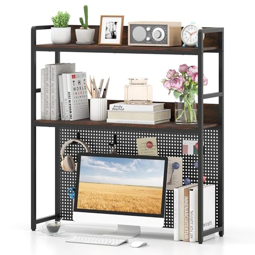 Giantex Desktop Bookshelf, Multipurpose 2-Tier Desk Hutch with Pegboard, Industrial Countertop Storage Organizer Rack for up to 32” Computer Monitor, for Dorm Home Office, Rustic Brown