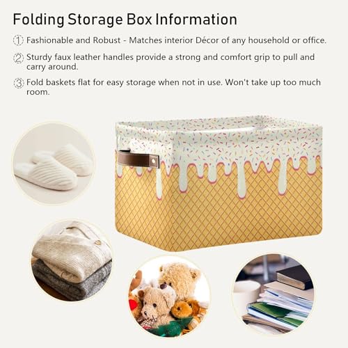 Image of Wamika Ice Cream Drip Baseball Storage Basket with Waterproof Liner and PU Handles White Vanilla Storage Bins Boxes 14.2 inch Collapsible Decorative Organizer Baskets for Bedroom Closet Office 1 Pack