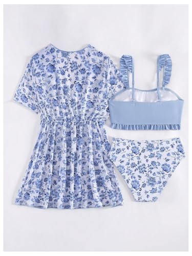 SHENHE Girl's Floral Bathing Suits 3 Piece Ruffle Bikini Set Swimsuits with Cover Up2