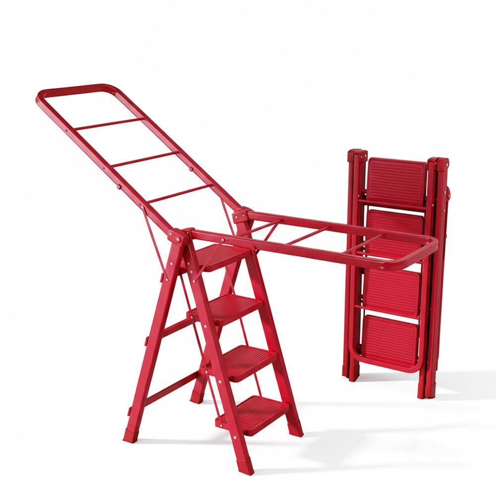 Folding Step Ladder Heavy Duty Domestic Stepladder for Home & Kitchen High Reach, and Clothes Drying Rack, Aluminum Frame, Black and White, 8cm Slim Storage Design, Indoor Homen (Red, 4 Steps)
