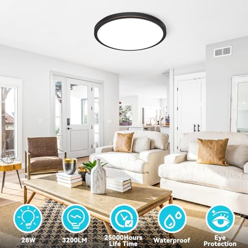 Image of libtit 12 inch Flush Mount LED Ceiling Light Fixture, 3000K 4000K 6500K Adjustable, 28W 3200lm Oil Rubbed Bronze Round Lighting Fixtures for Bathroom Shower Hallway Kitchen, 2 Pack