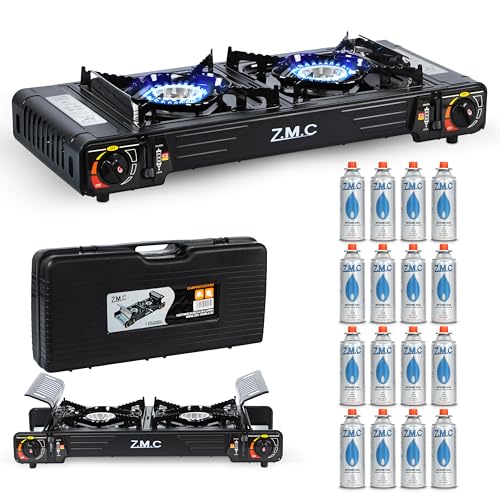Z.M.C PREMIUM Camping Gaskocher 2-flammig + 16 Gaskartuschen 227g, Campingkocher mit Transportkoffer für Outdoor und Innenraum, Balkon Kocher, Doppelgaskocher mit Piezozündung