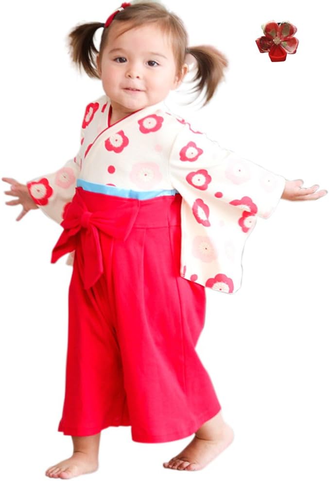 FANCYBABY Japanese Girls Toddler Kimono Dress Robe Outfit Costume with Hair Clip (18 to 24 Months, Red)