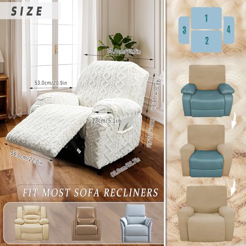 Image of JOKIVTOU Recliner Chair Covers 4-Pieces, Soft, Stretchable, White, Modern Home Decor, Furniture Protector with Elastic Straps Bottom, Storage Pocket on Arm Cover