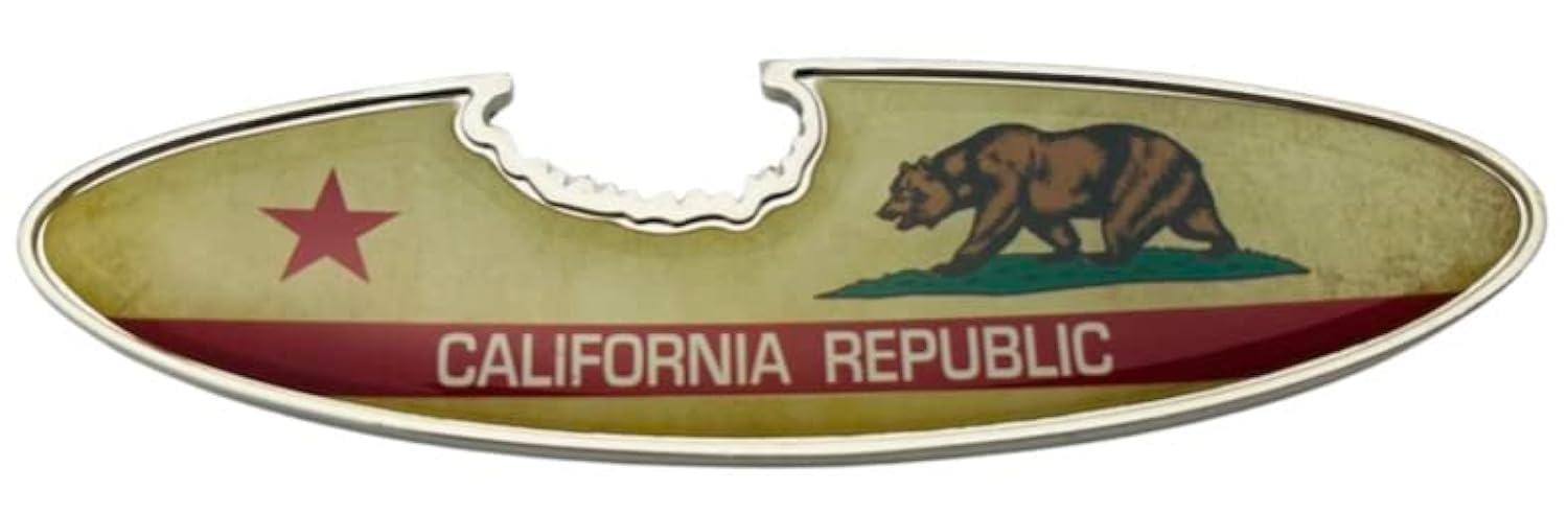 California State Flag Bottle Opener Fridge Magnet Metal Cali Republic Longboard Surf Board Design with Shark Bite Opening Feature Souvenir, 4 Inch