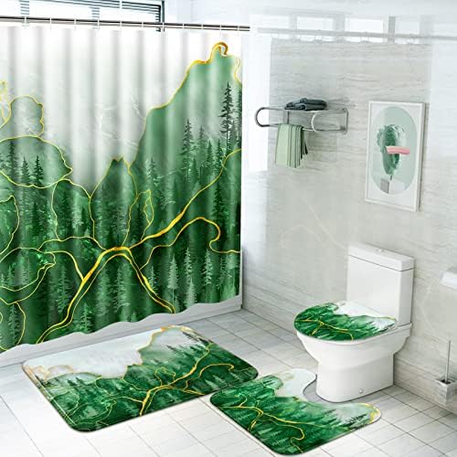 Claswcalor 4 Pcs Marble Shower Curtain Set with Non-Slip Rug, Toilet Lid Cover and Bath Mat, Green Gold Ombre Shower Curtains for Bathroom Decor, Mountain Forest Shower Curtains with 12 Hooks, Olive