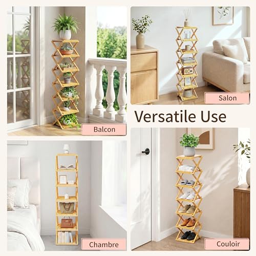 Veekovo Étagère à Chaussures Pliable, Étagère à Chaussures en Bambou, Aucun Assemblage Requis, Rangement Chaussure Chaussure Entree pour Entrées, Chambres et Couloirs (Couleur Bois, 7 Couches) – vue 3
